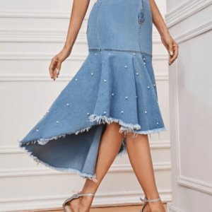 Saia jeans estilo calda de sereia
